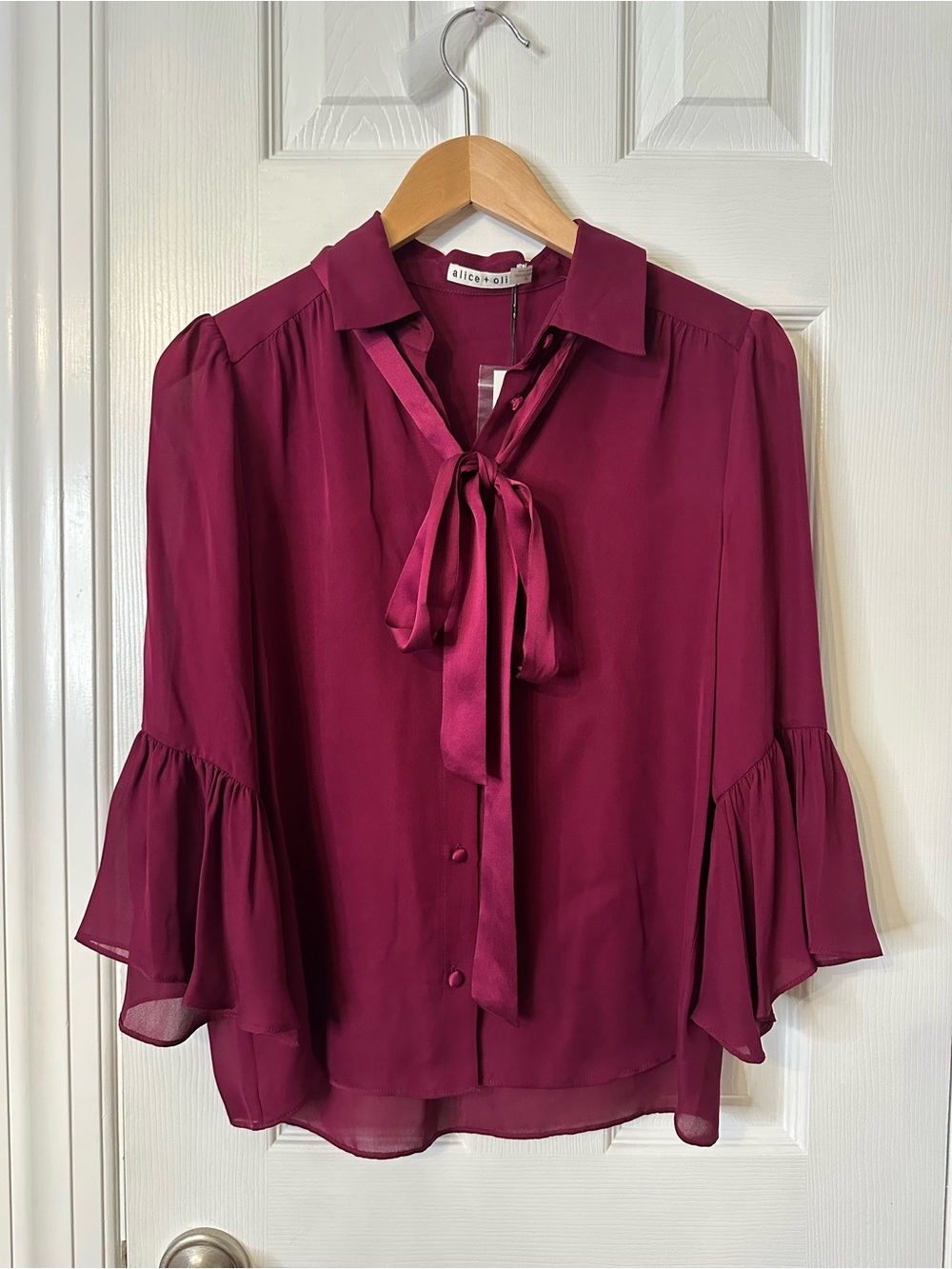 Alice & Olivia Satin Tie-Neck Blouse in Berry